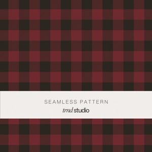 May include: A seamless pattern featuring a dark red and black buffalo check plaid design. A white horizontal banner across the centre displays the text SEAMLESS PATTERN and trnd studio in a clean, sans-serif font against the checkered background.