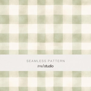 May include: Seamless pattern featuring a watercolor-style gingham design in soft green and cream. The pattern is a repeating grid of squares, with the text "SEAMLESS PATTERN" and "trnd studio" in a white rectangle.