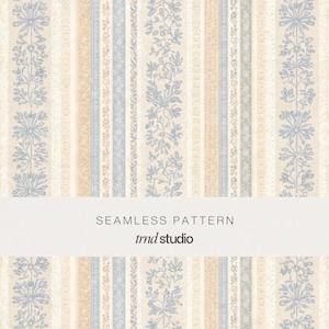 May include: A seamless pattern featuring vertical stripes in shades of beige, cream, and light blue. The design includes repeating floral vine motifs, narrow textured bands, and delicate botanical elements. Text reads SEAMLESS PATTERN trnd studio.