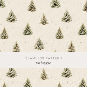 May include: A seamless pattern featuring repeating illustrations of snow-dusted evergreen trees on a light beige background with scattered black dots. A white horizontal band across the centre displays the text SEAMLESS PATTERN and trnd studio.
