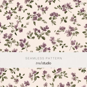 Watercolor Floral Seamless Pattern in Purple & Soft Cream | Cottagecore Botanical Design (PNG Digital Download)