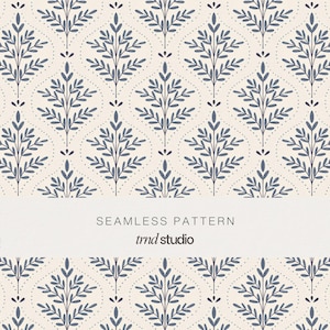 May include: A seamless pattern featuring dark blue botanical sprigs arranged in a repeating ogee grid on a cream background. The design includes dotted lines forming the grid and the text SEAMLESS PATTERN trnd studio centered horizontally.