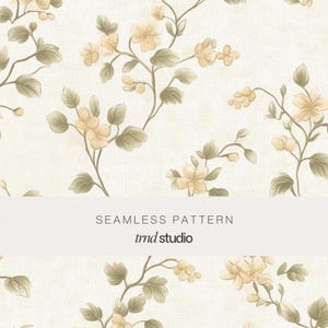 May include: A seamless pattern featuring light yellow flowers and muted green leaves on a textured off-white background. A horizontal white band across the centre displays the text SEAMLESS PATTERN and the brand name trnd studio in black.