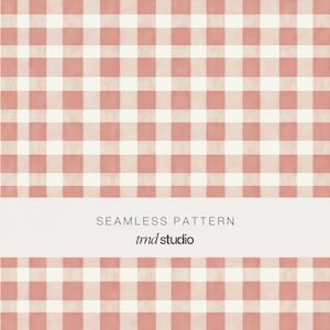 May include: A seamless gingham pattern in a soft red and white colour scheme. The design consists of evenly spaced squares, creating a classic and versatile look. The text "SEAMLESS PATTERN" and "tmd studio" are displayed across the image.