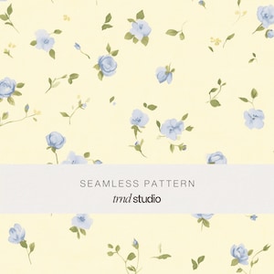 May include: A seamless pattern featuring light blue watercolor-style roses and green leaves scattered across a pale yellow background. A white horizontal band across the center displays the text SEAMLESS PATTERN and trnd studio.