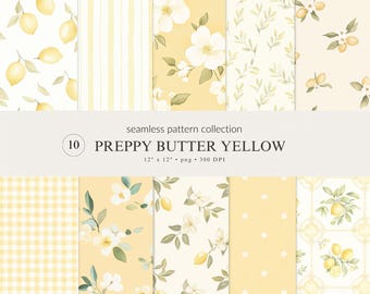 Butter Yellow Lemon Floral Seamless Pattern Collection | Preppy Mediterranean Summer Designs (PNG Digital Download)