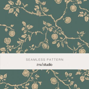 Orchard Fruit Branch Seamless Pattern | Heirloom Grandmillennial Emerald Design (PNG Digital Download)