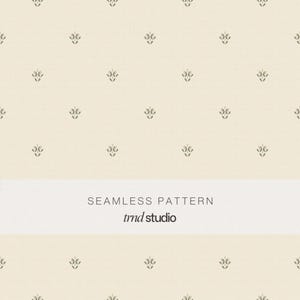 May include: A seamless pattern featuring a light cream background with a repeating small grey floral motif. A horizontal white band across the centre contains the text SEAMLESS PATTERN and trnd studio in a dark grey sans-serif font.