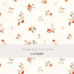 May include: A seamless pattern featuring watercolor illustrations of small red strawberries and soft peach-colored flowers with green leaves on a cream background. A gray horizontal band displays the text SEAMLESS PATTERN trnd studio.
