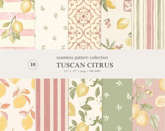 Tuscan Lemon Seamless Pattern Collection | Mediterranean Citrus Botanical Designs (PNG Bundle Digital Download)