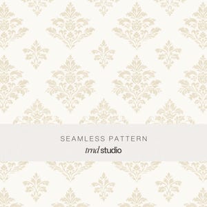May include: A seamless pattern featuring a repeating beige damask motif on a cream background. A horizontal white band across the center displays the text SEAMLESS PATTERN and trnd studio in a dark gray sans-serif font.