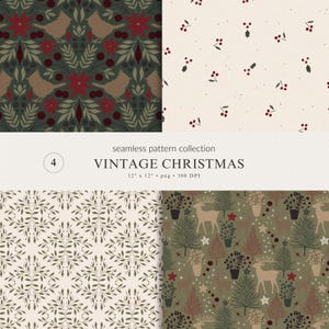 Könnte beinhalten: Eine Sammlung von vier nahtlosen digitalen Mustern mit dem Titel VINTAGE CHRISTMAS, 30,48 cm x 30,48 cm, 300 DPI. Die Designs zeigen Vögel mit Weihnachtssterne auf Dunkelgrün, rote Stechpalmenbeeren auf Creme, botanische Blätter und Hirsche.