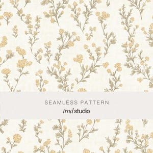 May include: A seamless pattern featuring a repeating floral design. The pattern showcases delicate, light yellow flowers and muted green leaves on slender stems, set against a cream-colored background. The text "SEAMLESS PATTERN" and "tmd studio" are displayed.