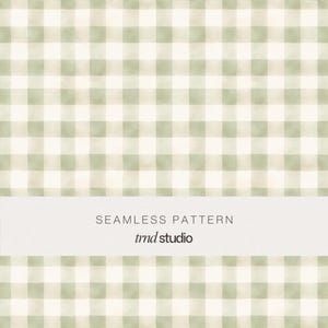May include: A seamless pattern featuring a soft sage green and white watercolour gingham check design. A horizontal white band across the centre displays the text SEAMLESS PATTERN and trnd studio in a clean, dark grey sans-serif font.