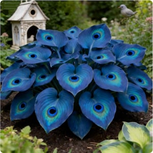 May include: A vibrant blue plant with heart-shaped leaves, each featuring a central eye-like pattern in shades of blue, green, and black. The plant is surrounded by green foliage and set in a garden setting, with a birdhouse and a small bird statue in the background.