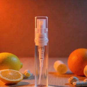 May include: A clear, cylindrical spray bottle with a white pump is centered in the image. A lemon and an orange are on the left and right, respectively. A lemon slice is in front of the lemon. The background is a gradient of orange and brown.