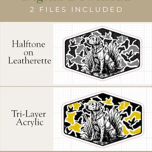 Może przedstawiać: Grafika do pobrania cyfrowego z labradorem retrieverem w sześciokątnej ramie. Projekt zawiera dwie wersje: półton na ekoskórze i akryl trójwarstwowy. Tekst brzmi "Pobieranie cyfrowe, 2 PLIKI W ZESTAWIE".