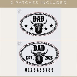 May include: Digital download featuring two patches with a bull graphic and the word "DAD". One patch includes stars, while the other says "EST. 2026". Includes numbers 0-9. Digital files only, no physical product.