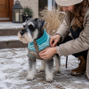 Könnte beinhalten: Ein Hundepullover mit durchgehender Knopfleiste, geripptem Kragen und einem Fair-Isle-Muster in Türkis, Weiß und Braun. Das Strickkleidungsstück ist mit kurzen Ärmeln und einer körpernahen Passform gestaltet und hat eine wollartige Textur.