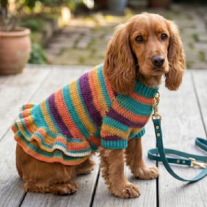 May include: A Cocker Spaniel dog wearing a colorful, striped crochet sweater with a ruffled hem. The sweater features bands of teal, orange, purple, and yellow. A teal leash with gold hardware is attached to the dog's collar.