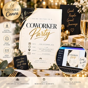 May include: An editable digital invitation template for a coworker party featuring black and gold text on a cream background. The design includes icons for date, time, venue, and RSVP, with the text "You're invited to a coworker party" and "Good people great journeys" displayed prominently.