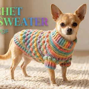 Modello per maglione per cani all'uncinetto con effetto pon pon (taglie XS-XL), livello intermedio, download in PDF.