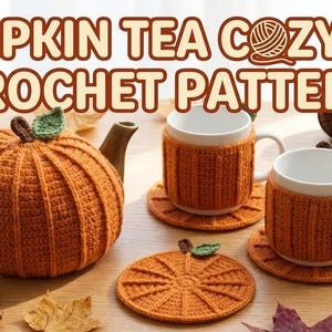 Pumpkin Tea Cozy Set Crochet Pattern | Halloween Cup Cozies & Coasters (PDF)