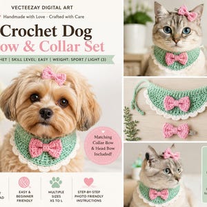 May include: A digital pattern for a crochet dog bow and collar set, featuring a light green collar with a white scalloped edge and a pink bow. The set includes a matching head bow, with sizing instructions for XS to L, 6 to 13 inches, and step-by-step photos.