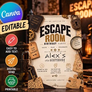 Könnte beinhalten: Eine Einladungskarte für eine Escape-Room-Geburtstagsparty mit einem Hintergrund aus einer alten Landkarte, einem Vorhängeschloss, einer Lupe, Zahnrädern und Schlüsseln. Der Text lautet: You're invited to Escape Room Birthday Party, Alex's 11th Birthday.