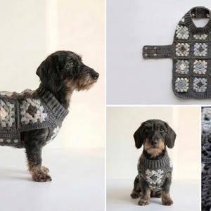 May include: A dog sweater constructed from crocheted granny squares in shades of charcoal gray, light gray, and cream. The garment features a ribbed collar and side straps with metal snap closures, shown on a small dog and laid flat.