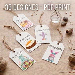 イースターギフトタグ36枚（印刷可能なPDF、即時ダウンロード、2 x 3インチ（5 x 7.6 cm）、混合レイアウトとグループ分けレイアウト、イースターバニーバスケットタグ、お菓子タグ）