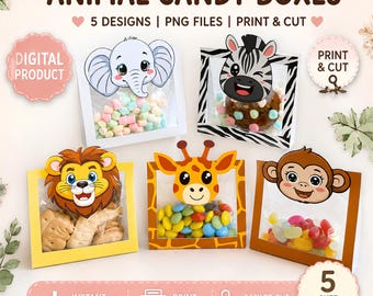 Safari-Tier-Leckerli-Beutel-Topper, Dschungel-Gastgeschenk, Süßigkeitsbeutelhalter, Wild One Geburtstag, Zoo-Party, Drucken und Schneiden PNG PDF, Cricut