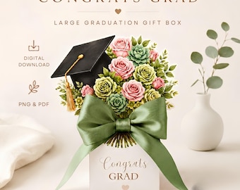 Große Geschenkbox zum Schulabschluss – Druck- und Schnittvorlage – 3D Glückwunsch Box – Klasse von 2026 Rose & Sukkulenten Bouquet – Digitaler Download