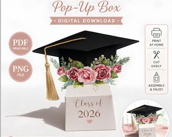 Klasse von 2026 Graduation Pop Up Box PDF, 3D Blumen Favor Box Print und Schnitt PNG, Ferrero Rocher Halter, Miniatur Grad Cap Geschenkbox
