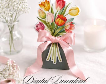 3D Blumenvase Candy Box, Tulpe Hochzeit Gunsten Vorlage, Floral Geschenkbox für Süßigkeiten, Brautparty Party Favor, DIY Papierstrauß, PDF PNG