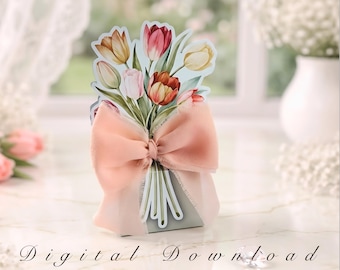 Modello di scatola regalo 3D con tulipani verde salvia, scatola per bomboniere botaniche, regalo per la proposta di matrimonio alla damigella d'onore, scatola per dolcetti con bouquet floreale, file PNG e PDF fai da te