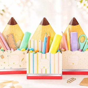 Caja para lápices imprimible, 3 diseños, caja de regalo para portalápices, regalo de graduación, organizador de escritorio para la vuelta al cole, plantilla PDF para recuerdos de fiesta.