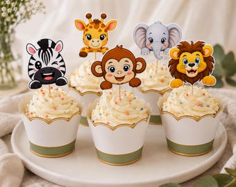 Geburtstags-Cupcake-Topper & -Förmchen „Wild One“, Safari-Dschungeltier-Party-Druckvorlagen, Löwe, Zebra, Affe, Giraffe, Elefant, PNG- und PDF-Download