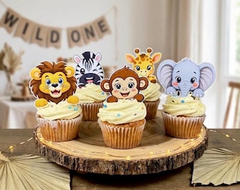 Safari Tier Cupcake Toppers, Geburtstag Cupcake Toppers, druckbare Dschungeltiere, Löwe Zebra Affe Giraffe Elefant, PNG PDF