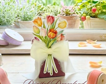 Burgunder Tulpe 3D Geschenkbox Vorlage, Elegante Weinrote Geschenkbox, Papierstrauß Blumenvase, Luxus Hochzeitsbevorzugung, 2 Größen PNG PDF