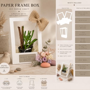 May include: A white paper frame box with a succulent plant, burlap bow, and floral arrangement. The box includes the text "SIMPLY THANK YOU" and is designed for DIY paper crafts. Includes SVG cut file and printable labels.