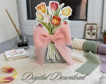 Graue Tulpe 3D Geschenkbox Vorlage, Moderne Hochzeitsbevorzugung Box, Minimalistische Blumenvase, DIY Geschenkverpackung, Neutrales Party Dekor, PNG PDF Digitale Datei