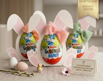 Printable Easter Bunny Kinder Maxi Egg Holder, DIY Easter Basket Stuffer, Bunny Paper Craft Template, Digital Download PNG PDF