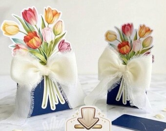 Marineblaue Tulpe 3D Geschenkbox-Vorlage, Elegante Dunkelblaue Geschenkbox, Papierstrauß Blumenvase, Klassisches Hochzeitsbevorzugung, 2 Größen PNG PDF Digital