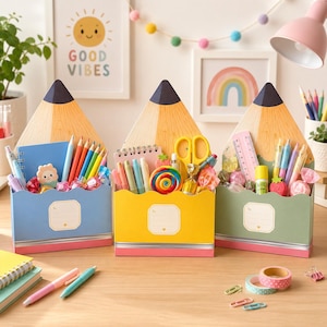 May include: Three pencil-shaped desk organizers in blue, yellow, and green, each featuring a label area with the text 'To'. These containers hold various stationery items including pens, pencils, scissors, a ruler, a notebook, and small candies.