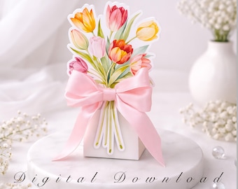 Gelbe Tulpe 3D Geschenkbox Vorlage, Muttertag Blumenvase, Brautparty Geschenkbox, Brautjungfer Vorschlag Geschenk, DIY Frühlingsstrauß, PNG PDF