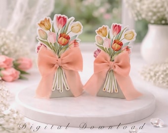 Modello di scatola regalo 3D con tulipani verde salvia, scatola per bomboniere botaniche, regalo per la proposta di matrimonio alla damigella d'onore, scatola per dolcetti con bouquet floreale, file PNG e PDF fai da te
