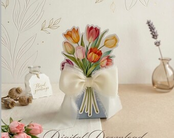 Blaue Tulpe 3D Favor Box Vorlage, Staubige Blaue Hochzeitsgeschenkbox, Papierstrauß Blumenvase, Muttertagsgeschenkverpackung, 2 Größen PNG PDF Digital