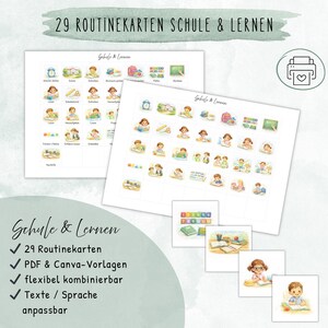Könnte beinhalten: Zwei weiße Blätter mit farbenfrohen Illustrationen von schulbezogenen Aktivitäten und ein grünes Banner mit deutschem Text. Die Blätter zeigen "Schule & Lernen" und "29 Routinekarten Schule & Lernen". Zusätzlicher Text enthält "PDF & Canva-Vorlagen".