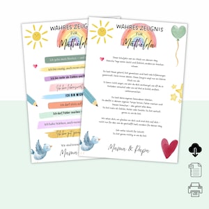 Könnte beinhalten: Zwei druckbare Zertifikate für Mathilda. Die Zertifikate zeigen einen Regenbogen, eine Sonne und Text auf Deutsch. Ein Zertifikat hat farbige Balken mit Sätzen wie "Ich bin liebenswert" und "Ich bin wichtig". Das andere Zertifikat hat einen Brief von "Mama & Papa".